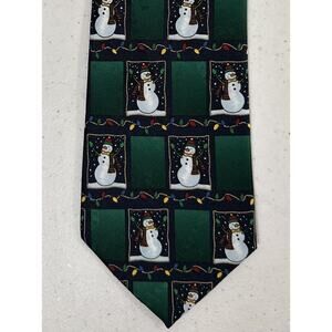Hallmark Yule Tie Greetings‎ Neck Tie Snowman Christmas Lights Green Multi
